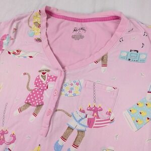Nick and Nora Sock Monkeys Sleep Shirt Pajama Dress Size Medium Pink Loungewear